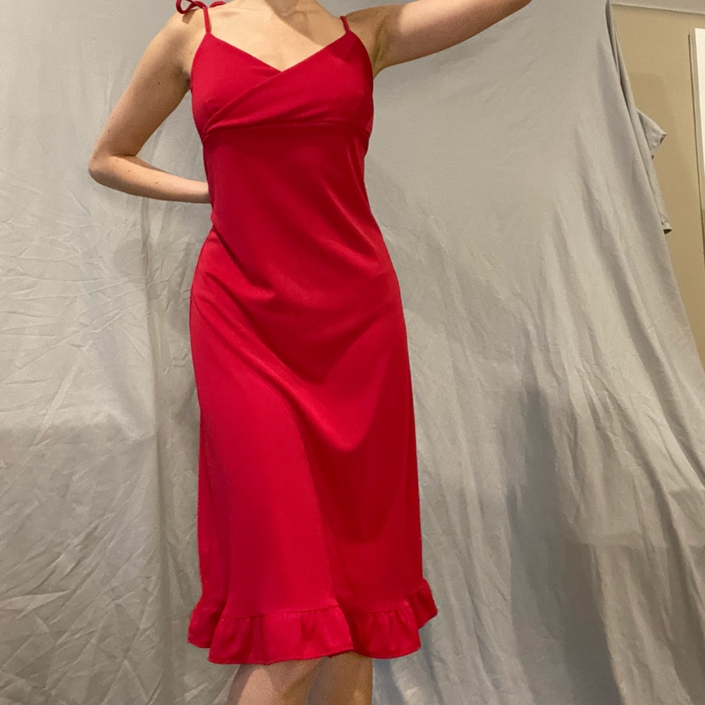 90s 2000s vintage red ruffle tie midi dress gown
